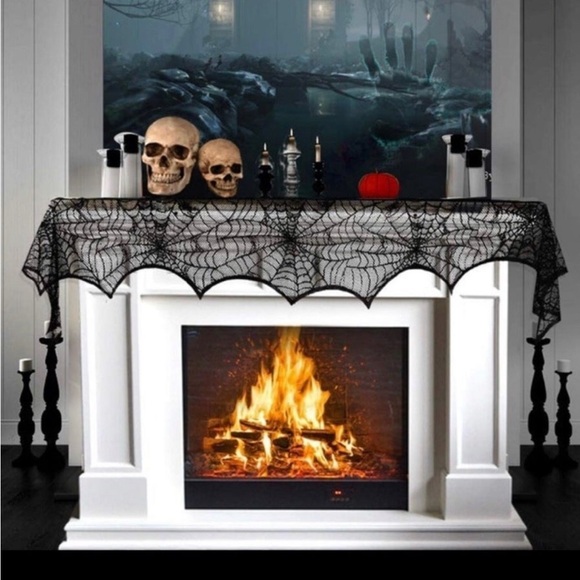 Target Other - Halloween Decor Set Black Lace Spiderweb Mantle Cover/Scarf, Skulls & Pumpkins